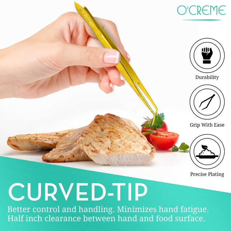 O'Creme Gold Stainless Steel Precision Kitchen Culinary Fine-Tip Tweezer Tongs, 1 Curved and 1 Straight - Image 2